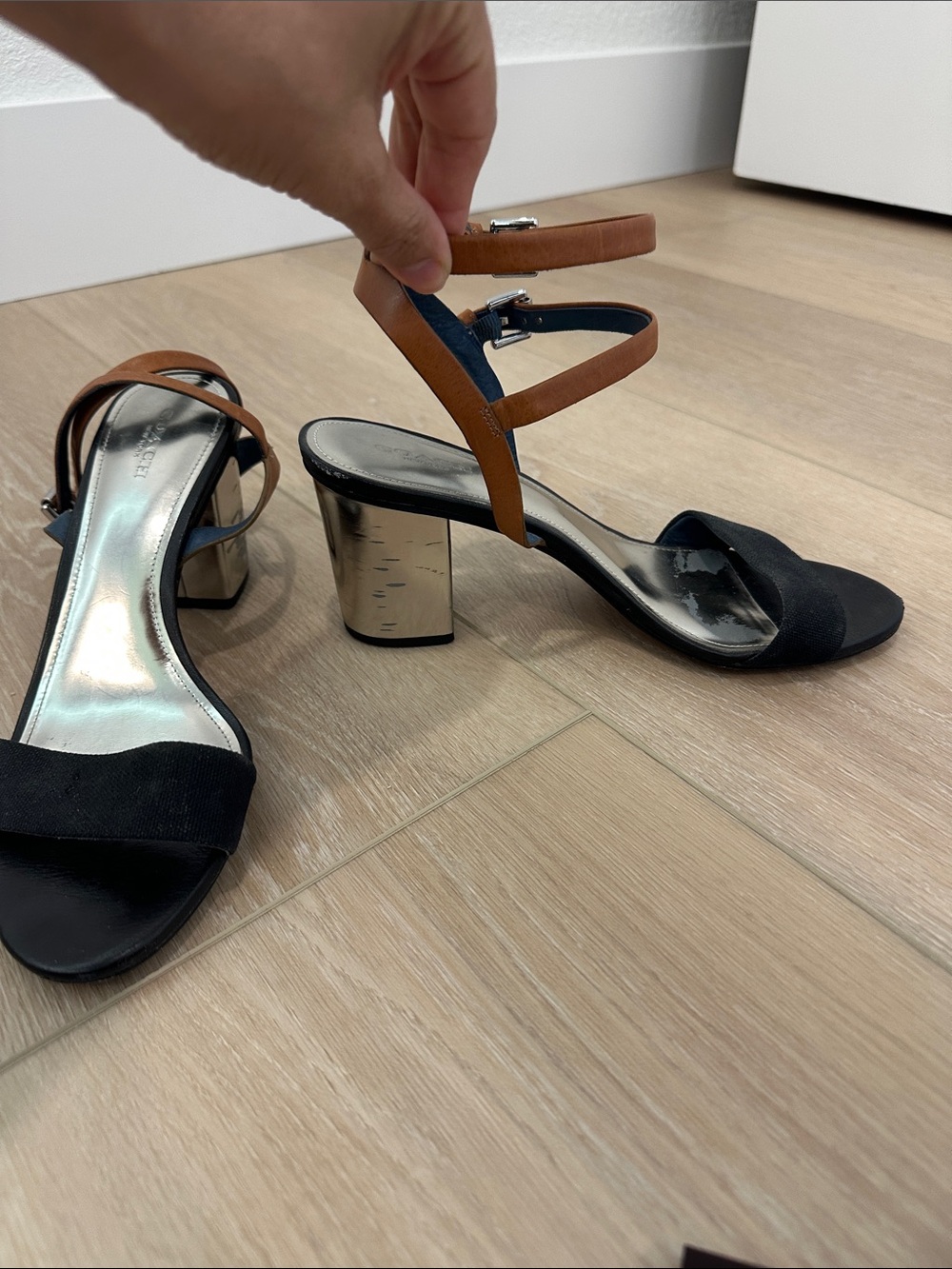 Coach Black and Brown Block Heel Ankle-Strap Sandals